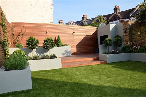 Modern Garden Design Artificial Grass Raised Beds Hardwood Decking
