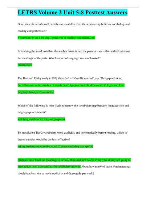 LETRS Volume 2 Unit 5-8 Posttest Answers - LETRS training - Stuvia US