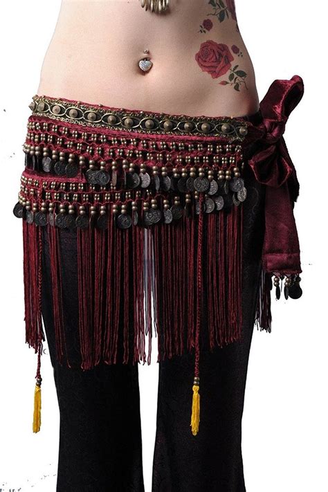 Womens Belly Dance Tribal Hip Scarf With Fringe Coins Flannel Dark Red C51258wq6xv Hip