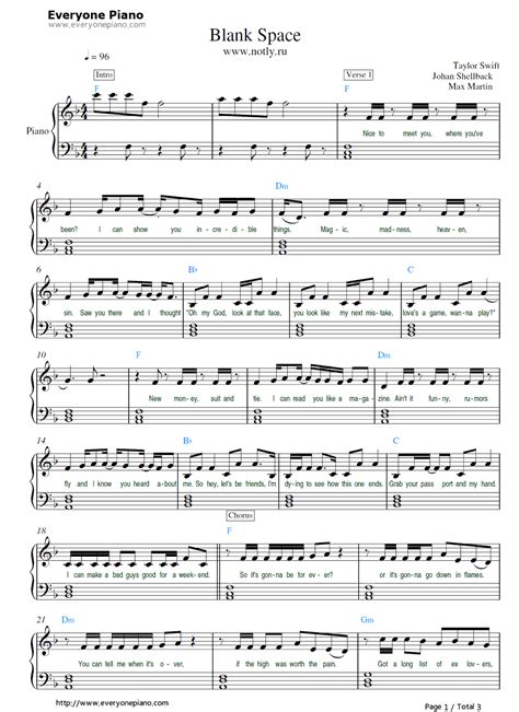 Free Blank Space Taylor Swift Sheet Music Preview 1 Pop