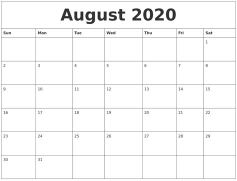 Free Blank August 2020 Calendar Printable In Pdf Word And Excel