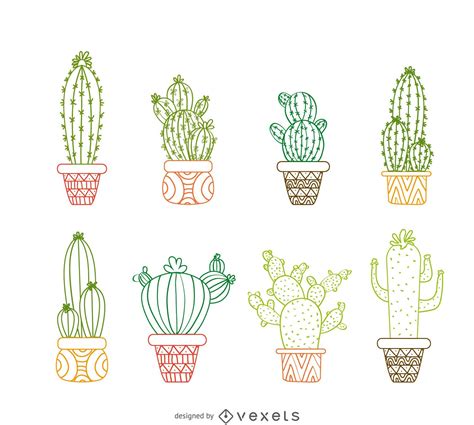 Cactus Outline Drawings Set Vector Download