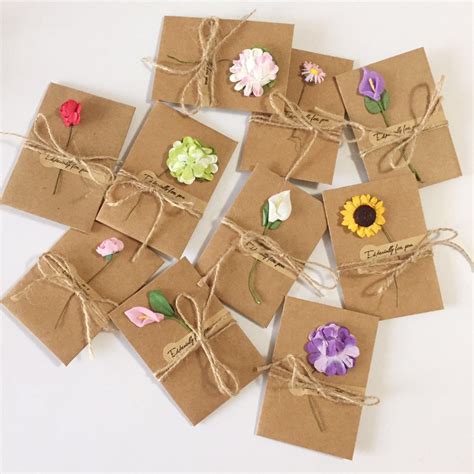 10pcs Diy Kraft Paper Handmade Dry Flower Invitation Greeting Card With