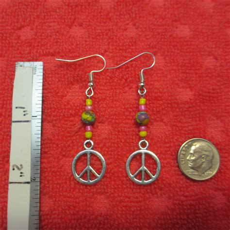 Peace Sign Drop Earrings Small Size 56 Silver Tone Etsy