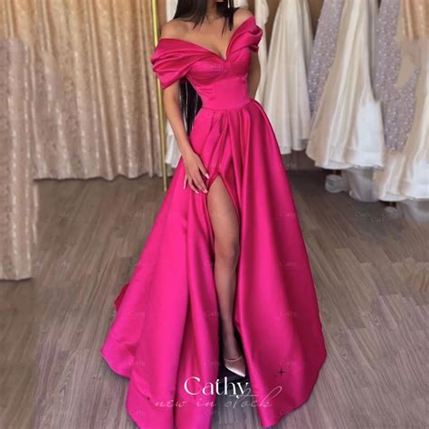 Cathy Elegant Red Satin Party Dress Long Prom Evening Dress Pleated