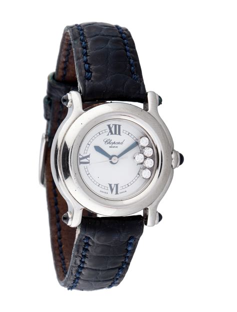 The dial is completely covered in diamond pave with contrasting blue iridescent hands with white gold. Chopard Happy Sport Diamond Watch - Strap - CHP20313 | The ...