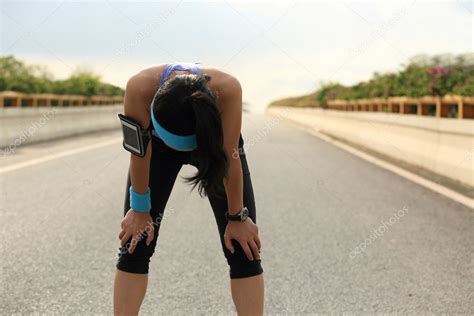 Tired Woman Runner Taking Rest Running Hard City Road Stock Photo By