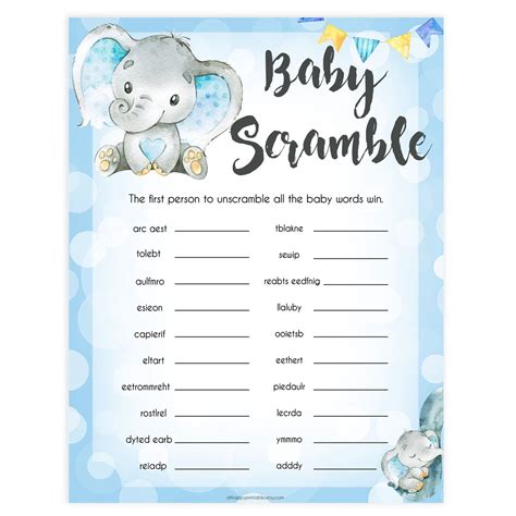 This is the baby special bingo, which features all the same rules as the regular one, only this one is far much adorable and fun!. Baby Shower Word Scramble - Blue Elephants Printable Baby ...