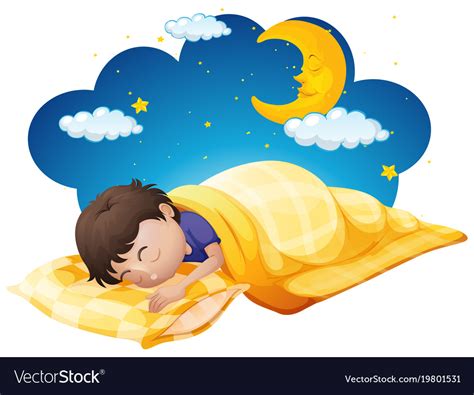 Boy In Yellow Bed At Night Time Royalty Free Vector Image