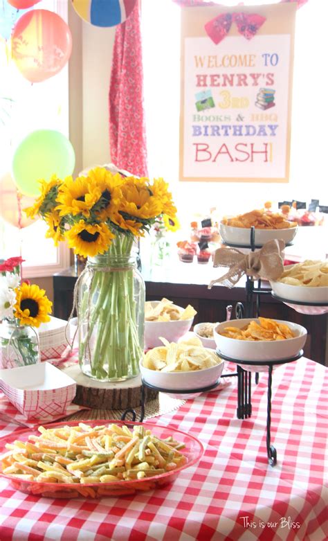 Just as you would vary heights with centerpieces, you should do the same with a buffet. Books & BBQ birthday bash - 3rd birthday party - summer ...