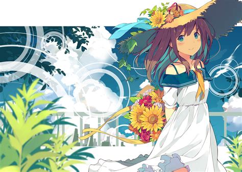Download 600x800 Anime Girl Summer Dress Flowers Straw Hat Clouds