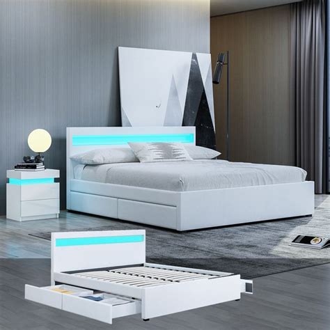 New Queen Size Pu Leather Bed Frame With Drawers Led Lights White Bestdeals Co Nz