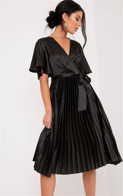 mairee black satin pleated midi dress prettylittlething il