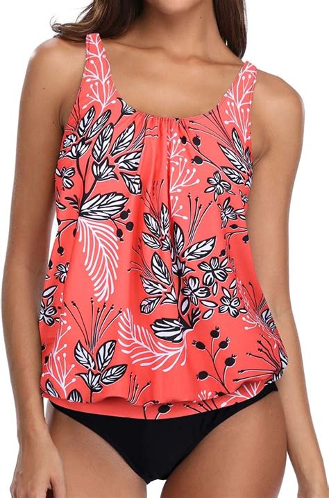 Yonique Women 2 Piece Floral Printed Blouson Tankini Top With Triangle