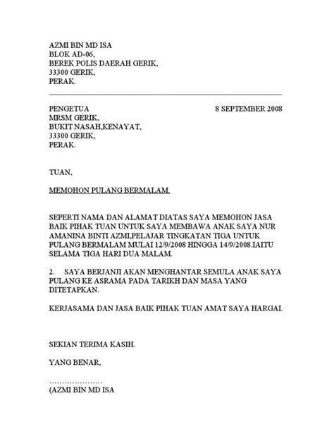 Surat Rasmi Memohon Kebenaran Pulang Ke Kampung