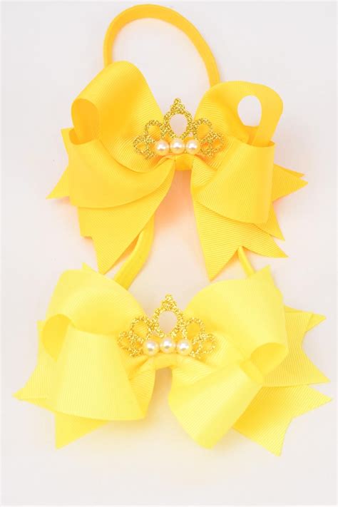 Elastic Headband Tiara Double Layered Grosgrain Bow Tie Yellow Mix DZ