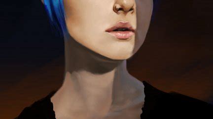 Blue Hair Closed Eyes Women Open Mouth Thomas BIGNON ArtStation Drawing Portrait Display