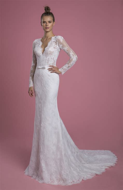 Long Sleeve V Neckline Lace Sheath Wedding Dress With Matching