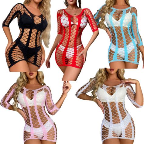 Womens Hollow Out Fishnet Bodycon Mini Dress Sexy See Through Nightwear