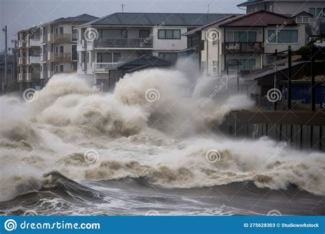Tsunami Waves Crash Over Seawalls Flooding Coastal Cities And Towns