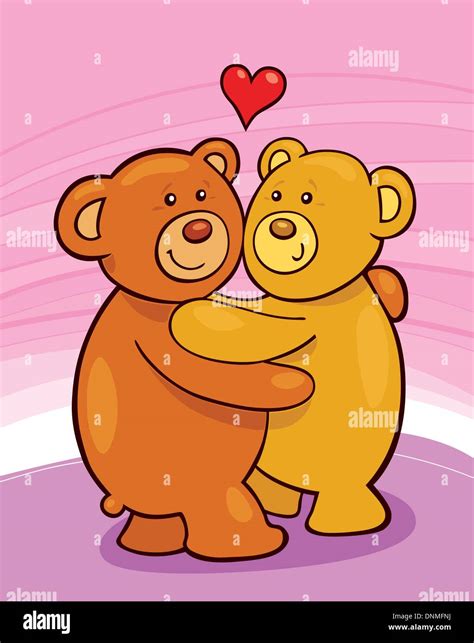 Cartoon Illustration Of Two Teddy Bears In Love Giving A Hug Stock