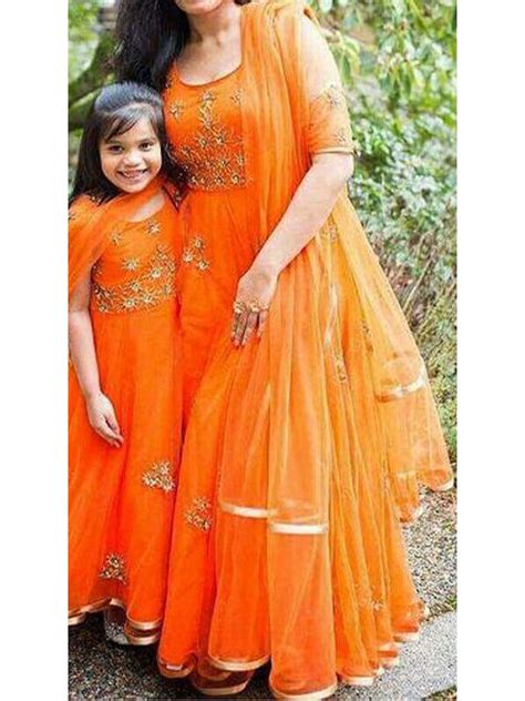 Orange Net Mother And Daughter Gown Set For Festival Wj67720