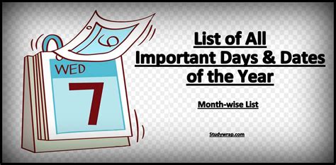Important Days And Dates Of The Year Month Wise List Study Wrap