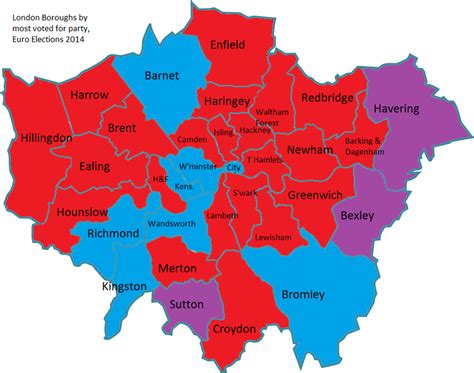Map Of London Boroughs By Most Voted For Party In The Euro Elections