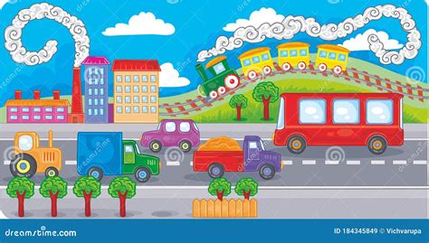 Cartoon Illustration Cityscape With Tall Houses Cars And Wide Roads