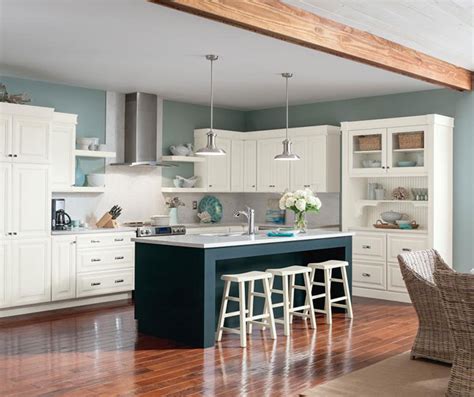 See more ideas about kitchen remodel, kitchen design, kitchen inspirations. White Glazed Cabinets with Blue Island - Homecrest