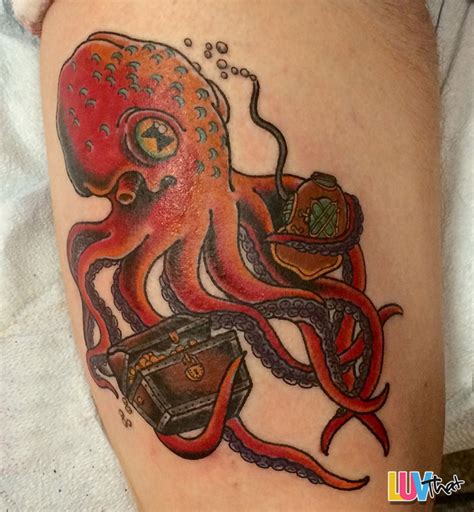 Colored Octopus Tattoo On Right Leg
