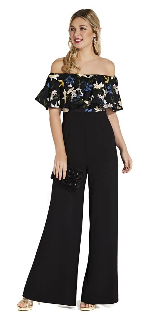 adrianna papell off the shoulder jumpsuit with sequin floral embroidery jumpsuit floral