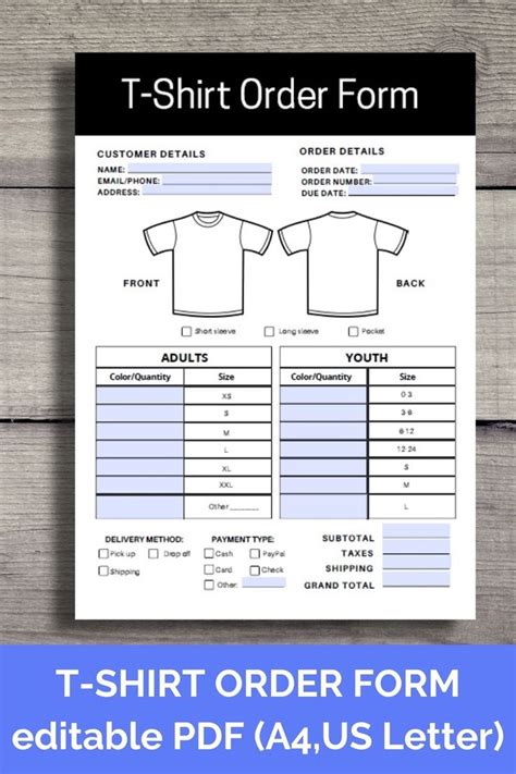 Tshirt Order Form For Small Business Editable Template PDF Letter And