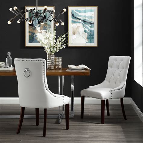 Inspired Home Faith Leather Pu Dining Chair Set Of 2 Tufted Ring Handle Chrome Nailhead Finish