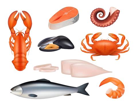 Premium Vector Seafood Tuna Meal Fishes Shrimps Molluscs Octopus