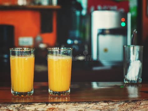 Morning Scene Of Fresh Orange Juices Served In Bar Stock Image Image
