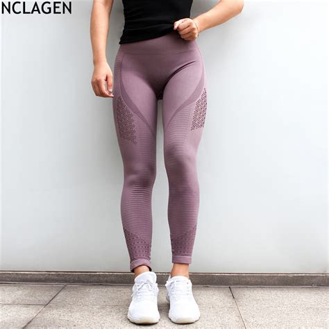 nclagen women diagonal lines hole hollow out booty sexy slim capris spandex fitness workout pant