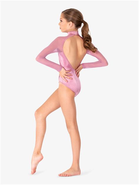 Girls Performance Satin Mock Neck Long Sleeve Leotard Leotards Double Platinum N C