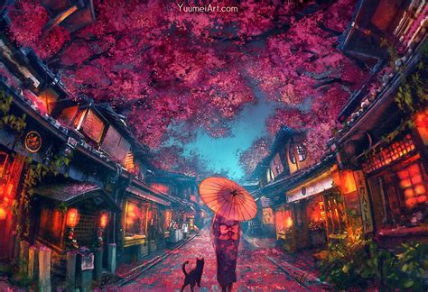 Anime Girl On City Street With Sakura Trees At Dusk Art Id 135146