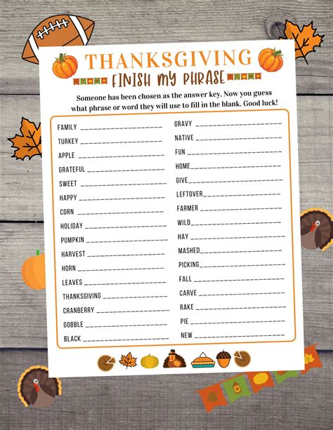 Thanksgiving Finish My Phrase Thanksgiving Trivia Printable Etsy