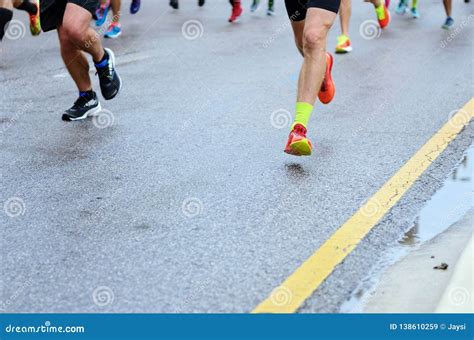 Marathon Running Race Many Runners Feet On Road Racing Sport
