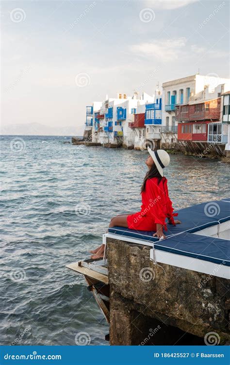 Mykonos Greece Woman On Vacation At The Greek Island Mykonos Girl In