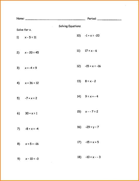 Algebra Solving Equations Worksheet