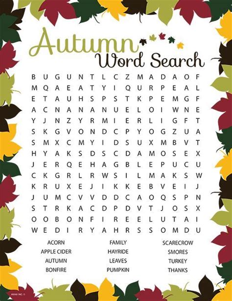 Fall Word Search Fall Words Senior Activities Elderly