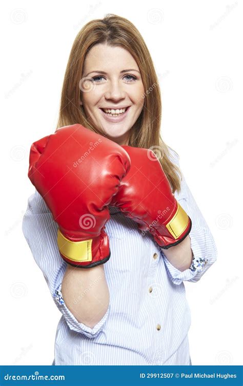 Young Woman Wearing Boxing Gloves Smiling Stock Image Image Of