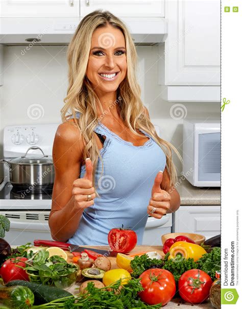 Happy Woman Cooking In The Kitchen Stock Image Image Of Diet Cooking 78435359