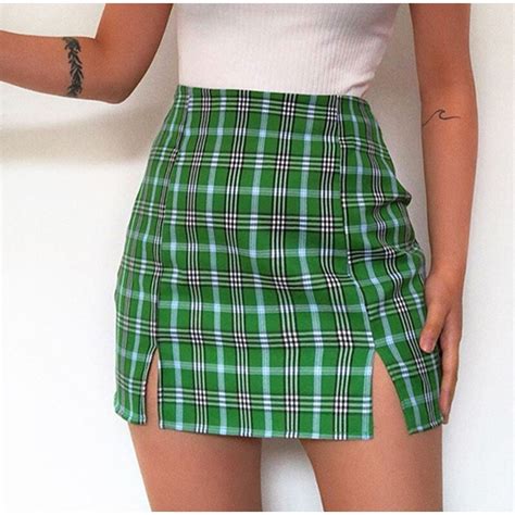 Delightful Green Plaid Split High Waist Skirt Fashion Design Store