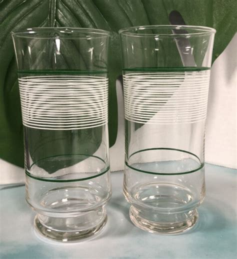 Vintage Tall Drinking Glasses Stripes Pair White And Green Clear Glass