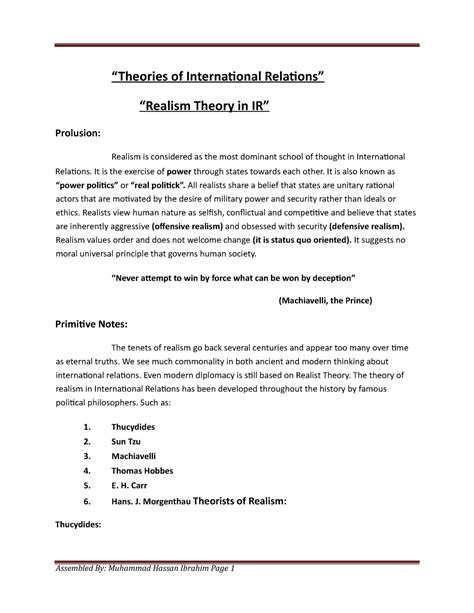 Realism “theories Of International Relations” “realism Theory In Ir