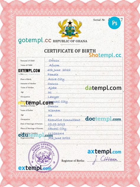 Ghana Vital Record Birth Certificate Psd Template Completely Editable